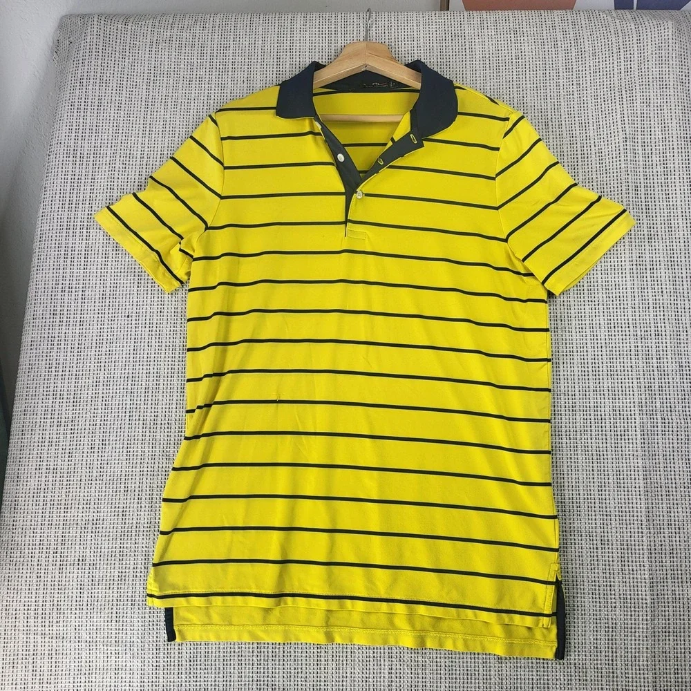 Ralph Lauren RLX Polo Shirt Mens Small Yellow Black Striped Golf Performance Tee